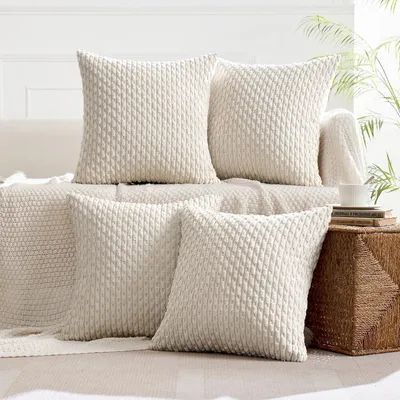 Immagine prodotto di Set di 4 federe per cuscini in velluto goffrato, color beige, 50x50 cm