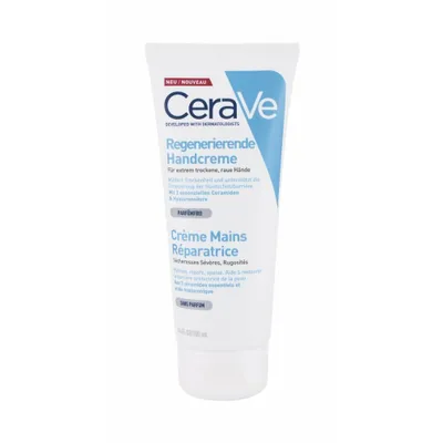 A product shot of a CeraVe hand cream tube against a white background.