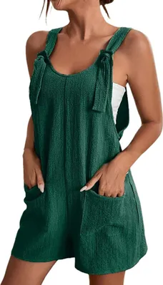 Produktbild von ASKSA Damen Jumpsuit Sommer Ärmellos Kurz Latzhose Playsuit Baggy mit Taschen Sommershort, Dunkelgrün, M