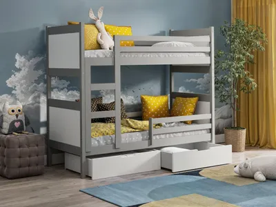 Produktbild von Masseno Etagenbett MIA 80x160 cm mit Schublade, Rausfallschutz, Kinderbett mit Leiter für Mädchen und Jungs, Stockbett, Hellgrau