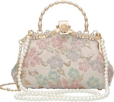 Produktbild von Rückenbeutel in Retro-Stil mit Kettenglied und Messenger-Clutch in chinesischem Stil mit Wasserhahnmotiv und Jacquard-Bordüre für Damen (Goldrosa Blume)