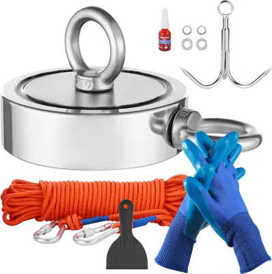 Immagine prodotto di VEVOR set da pesca con magnete Kit da pesca con magnete (arancione) 771 kg forza di trazione su entrambi i lati, magnete al neodimio delle terre rare set da pesca incluso gancio guanti in corda ad alte prestazioni (blu) paletta con colla per occhielli