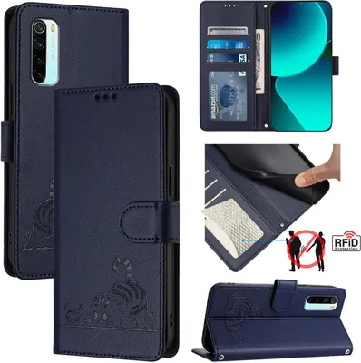 Produktbild von Leder Hülle für Xiaomi Redmi Note 8 Süße Katze Flip Case Brieftasche Schutzhülle mit Standfunktion Blau