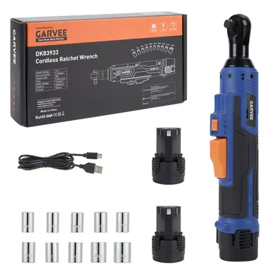 Produktbild von 21V Akku-Ratschenschrauber 3/8 Zoll, 45Nm 300 U/min Kabellose Elektrische Ratsche Set mit 2 Akkus, 10 Nüssen & LED-Licht, Elektrischer Schraubenschlüs