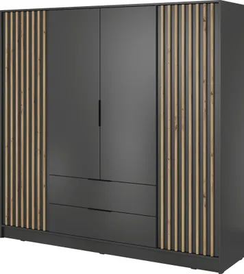 A modern wardrobe with a graphite finish and wooden slatted accents.