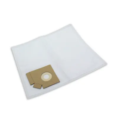 A white vacuum cleaner bag with a brown cardboard attachment lies on a white background.