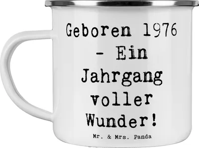 Produktbild von Mr. & Mrs. Panda Emaille Tasse Spruch 1976 Geburtstag - Weiß - Geschenk, Haferl, Teetasse, becher, Alter, Happy Birthday, historische Ereignisse, Geburtstagsgeschenk