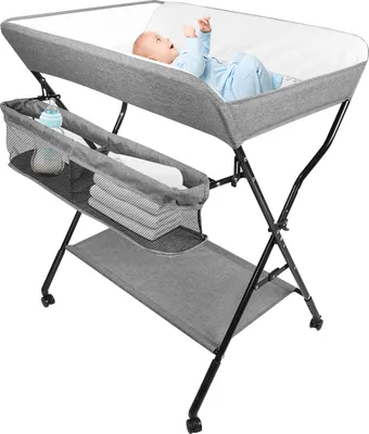 Produktbild von Baby Klappbarer Wickeltisch,Mobiler Wasserdicht Wickeltisch,Baby Wickelkombi mit Ablagefächern 86x62x96cm Leinenfarbe