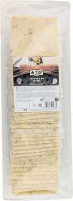 Produktbild von Food-United leicht scharfer CHEDDAR Cheese 980g in Scheiben mit schwarzem Pfeffer Cheddarkäse von WYKE-FARMS der englischer Hartkäse passt zu Burger Sandwiches Wraps Saucen Pizza Pasta