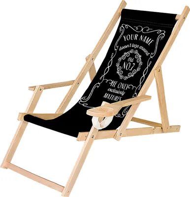 A personalized wooden deck chair with a black fabric sling featuring a white whiskey bottle label-like design.