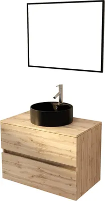 Image de Meuble Salle de Bains 80cm 2 Tiroirs Chêne Naturel + Vasque Ronde Noire 41cm et Miroir 60x80cm