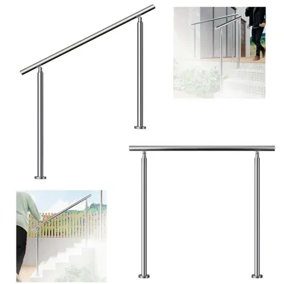 A collage of images showing stainless steel handrails for stairs in various settings, including a close-up of a single handrail section, a lifestyle shot of handrails on an outdoor staircase with a person walking, and a person using a handrail on an outdoo