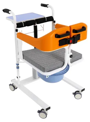 Produktbild von Hydraulische Patientenlifter Rollstuhl - Transferstuhl - 180° klappbare Rückenlehne - 4 TPE-Rollen mit Bremse - Tragkraft 100 kg - Eimer 33x28x16 cm - orange