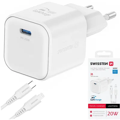 Zdjęcie produktu dla Swissten, kompaktowy zasilacz USB-C GaN 20 W z kablem Lightning 1,2 m, biały
