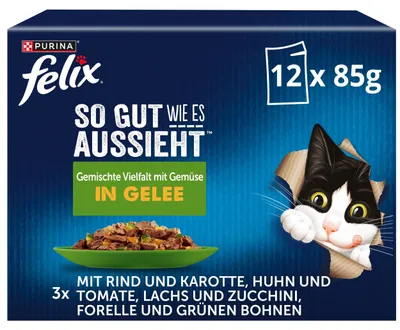 Productafbeelding van FELIX Natvoer, bijna net zo lekker als het eruitziet, verpakking van 72 stuks (6 trays met elk 12 porties van 85 gram)