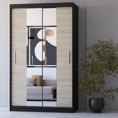 Produktbild von Schwebetürenschrank Kleiderschrank Schrank 120cm Schwarz/Sonoma Eiche mit zwei Spiegeln Neomi 01