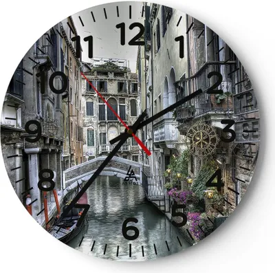 Produktbild von Wanduhr - Rund - Glasuhr - Venedig Brücke Wasser - 30x30cm - Schleichendes Uhrwerk - Lautlos - zum Aufhängen bereit - Dekoration Modern - Wanddekoration aus Glas - C4AR30x30-3522