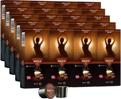 Multiple boxes of Martello Kaffee CREMA GUSTO capsules stacked together, with a single capsule in the foreground.