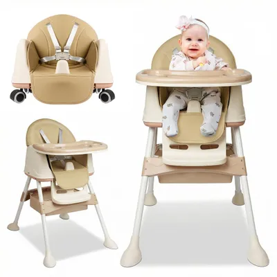Produktbild von Hochstuhl Baby 2 in 1 mit Rollen, Höhenverstellbar Kinderhochstuhl, 3-Stufen Doppeltablett Essbrett Kombihochstuhl, Multifunktionaler, Klappbar, Beige
