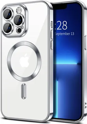 Obrázek produktu pro Magnetické čiré pouzdro pro iPhone 13 Pro Max, kompatibilní s MagSafe, galvanicky pokovené ochranné pouzdro s ochranou fotoaparátu Stříbro