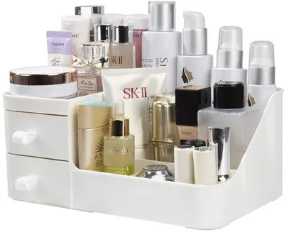 Produktbild von Unyqoos® Kosmetik-Organizer – stilvolle Make-up-Aufbewahrung mit 3 Schubladen & 6 Fächern, 27,5 x 16 x 11,5 cm, Kunststoff für Bad & Schminktisch