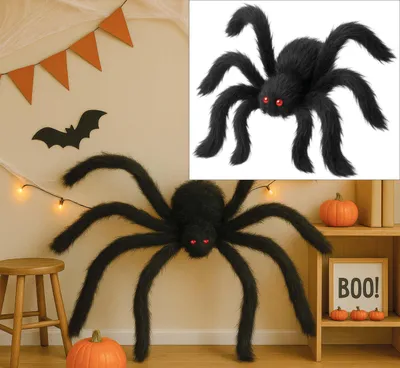 Image de Halloween Araignée Noire Géante Décoration Cheveux Effrayant Monstre Fête Yeux Rouges, Couleur : Noir