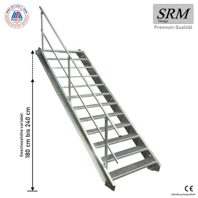 A metal staircase with handrails on a white background.