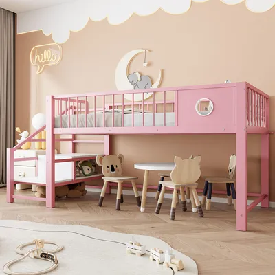 Produktbild von Merax Niedriges Etagenbett Hochbett 90×200 cm mit Metallrahmen, Metallbett mit Aufbewahrungsleiter und Stauraum, für Kinder und Jugendliche, Rosa