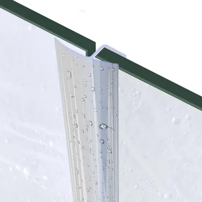 A close-up view of a shower door seal with water droplets on it, attached to a glass shower door.