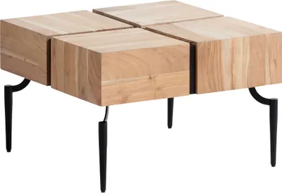 Productafbeelding van WOHNLING salontafel, acacia massief hout, 60x60x40 cm, vierkant, met metalen frame. Kleine salontafel, kubusvorm, woonkamer, modern, koffietafel