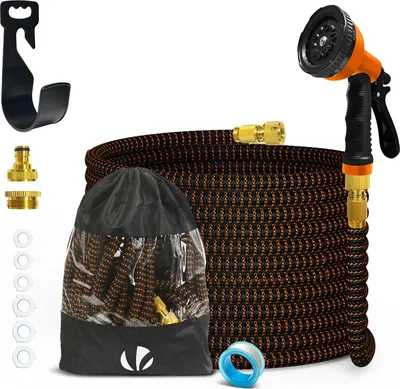 Produktbild von VOUNOT® Flexibler Gartenschlauch 15m, Flexibel Wasserschlauch Dehnbarer mit 10 Sprühfunktionen, Messinganschlüssen,Orange