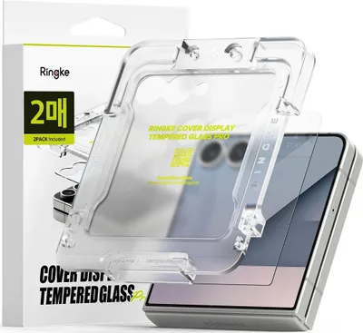 A product shot of a Ringke tempered glass screen protector for a Samsung Galaxy Z Flip, shown with its packaging and installation guide.