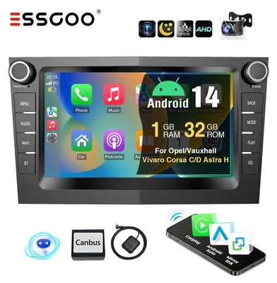 Productafbeelding van Android 14 autoradio met navigatie, 7-inch touchscreen, Carplay, Android Auto, GPS, geschikt voor Opel Astra G H, Corsa C, Zafira B, Meriva A, 2 DIN, Bluetooth, Wi-Fi