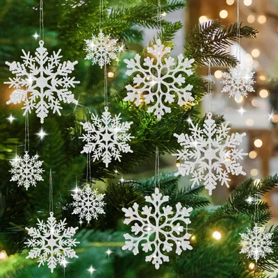 Immagine prodotto di 36 decorazioni a forma di fiocchi di neve per albero di Natale, glitterate, bianche, in 4 diverse dimensioni