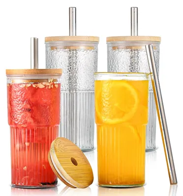 Obrázok produktu pre Sklenené poháry s vekom a slamkou, objem 600 ml, balenie obsahuje 4 kusy
