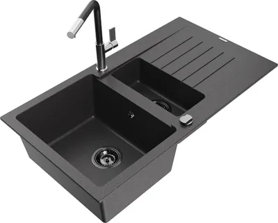 Produktbild von Mexen Matias 1,5-Becken-Granitspüle mit Abtropffläche und Mischbatterie Flora, Schwarz gesprenkelt - 6502-76-670401-07-B