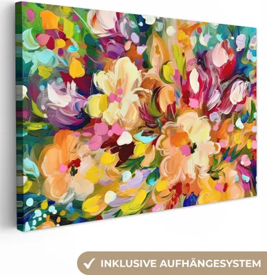 Produktbild von MuchoWow® - Leinwandbilder - Gemälde - Ölfarbe - Blumen - Regenbogen, Wandbild, Wanddeko Bilder Wohnzimmer, 30x20 cm