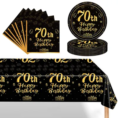 70. Geburtstag Einweggeschirr-Set 37-tlg. schwarz-gold, Teller 17,8 cm