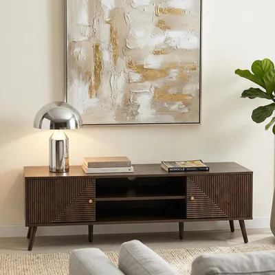 Produktbild von Lowboard LIVIA 140 cm, Dunkelbraun - TV Schrank mit strukturierter Lamellenoptik, Wohnzimmermöbel mit Metallgestell, Sideboard mit großzügiger Ablagefläche, Flurmöbel mit verdecktem Stauraum