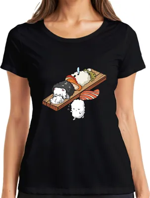 Produktbild von Kawaii Sushi Niedlich Onigiri Nigiri Katze Cartoon Japan Anime Damen T-Shirt, Schwarz, S