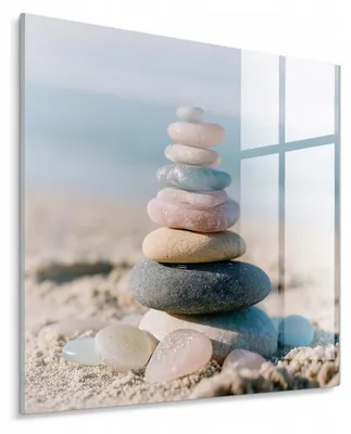 Productafbeelding van STYLER Glaswanddecoratie, 30x30 cm, Strandmotief, "Strandstapel", meer, natuur, wanddecoratie, woonkamer, slaapkamer, hal, modern interieur