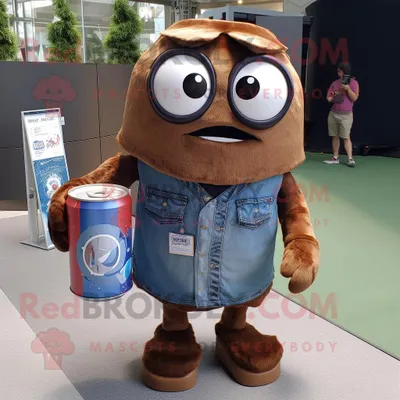 Productafbeelding van Brown Soda Can mascotte REDBROKOLY kostuum karakter gekleed met een spijkerbroek en aktetassen