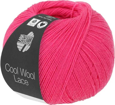 A ball of pink yarn with a black label.