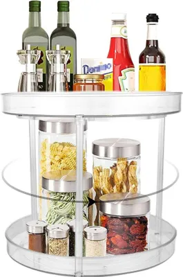Image de Organisateur de réfrigérateur Unyqoos®, plateau tournant à 2 niveaux, diamètre 23,5 cm, hauteur 21,5 cm, en PET transparent, plateau tournant à 360° pour épices et provisions