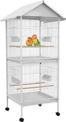 Image de PawHut Volière cage à oiseaux sur roulettes design maison mangeoires perchoirs portes plateaux excréments amovibles métal blanc