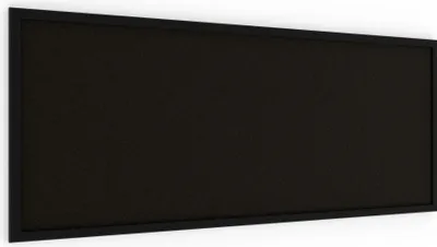 A black corkboard with a black wooden frame, shown at an angle against a white background.