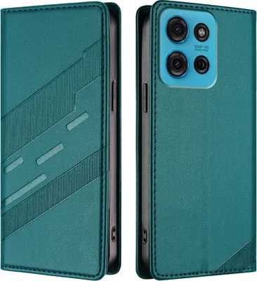 A teal-colored phone case is shown from two angles, one open and one closed.
