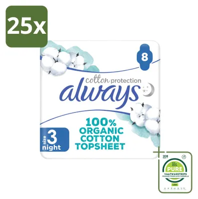 Imagen del producto de 25 toallas sanitarias nocturnas Always Baumwolle Protection con alas, 100% algodón orgánico, paquete grande, 25 unidades