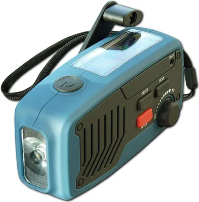 A blue and black solar-powered emergency radio with a flashlight and hand crank.