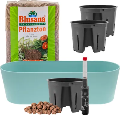 Produktbild von Leni Flori Jardiniere Blumentopf länglich 36 cm light / hell türkis Hydrokultur-Komplett-Set mit Übertopf Hydro-Töpfen Wasserstandsanzeiger & Pflanzton